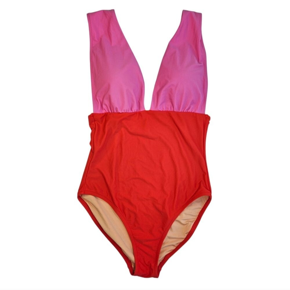 J. Crew Plunge V-Neck One-Piece Swimsuit Orange & Pink, Size M, Good Condition